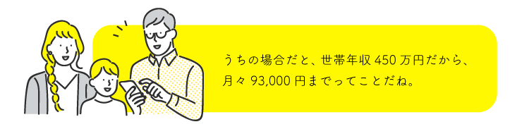 うちの場合だと、世帯年収450万円だから、月々93，000円までってことだね。